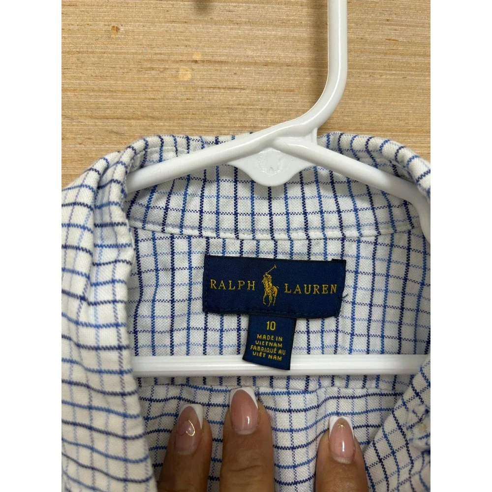 Ralph Lauren Boys Blue White Grid Button Down Shirt Size 10 Long‎ Sleeve